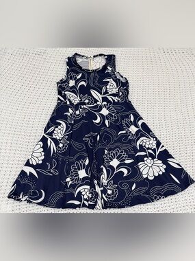 24seven Comfort Apparel Girls Sleeveless Fit + Flare Dress in navy/white size L.